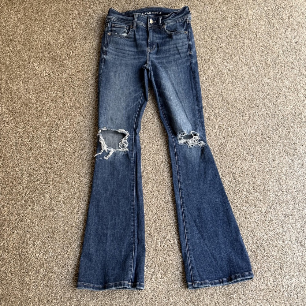 American Eagle Outfitters Bootcut Jeans Womens 2 Med Wash Blue Distressed Denim